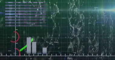 Finansal veri işleme üzerine finansal veri işleme animasyonu. Global dijital arayüz teknolojisini ve dijital olarak üretilen video konseptini finanse eder.