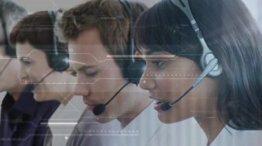 Animation of digital interface over business people using phone headsets. Global connections business digital interface technology and networking concept digitally generated video.