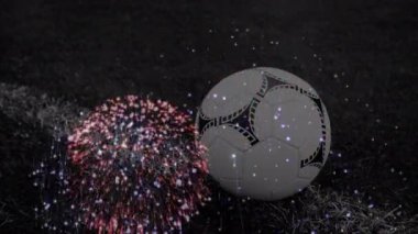 Stadyumun üzerinde havai fişek ve futbol animasyonu. Küresel spor, vatanseverlik ve dijital arayüz kavramı dijital olarak üretilen video.