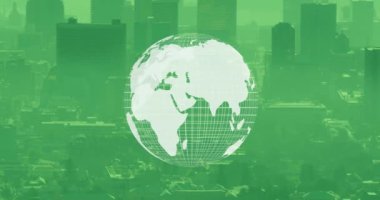 Şehir manzarası üzerindeki dünyanın animasyonu. Küresel iş, bilgisayar ve dijital arayüz kavramı dijital olarak oluşturulmuş video.