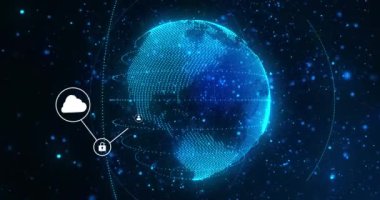 Dönen dünya üzerindeki dijital simgelerin ve bağlantıların animasyonu. Küresel bağlantılar, dijital dünya ve dijital arayüz konsepti dijital olarak oluşturulmuş video.