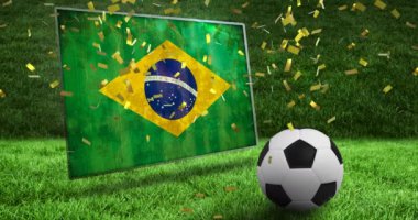 Animation of flag of brazil and football over stadium. Global sport, patriotism and digital interface concept digitally generated video.