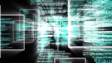 Arka plandaki boş ofise karşı veri işlemenin dijital animasyonu. Bilgisayar arayüzü ve teknoloji kavramı.