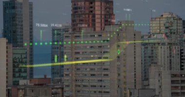 Animation of finacial data processing over cityscape. Global business, finances, data processing and digital interface concept digitally generated video.