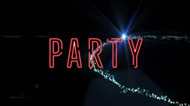 Siyah arkaplandaki ışık noktaları üzerinden parti metninin canlandırması. Küresel sosyal medya ve dijital arayüz kavramı dijital olarak oluşturulmuş video.