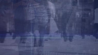 Çeşitli insanlar üzerinde soru işareti ve veri işleme animasyonu. Dijital olarak oluşturulan küresel finansman, bilgisayar ve dijital arayüz kavramı.