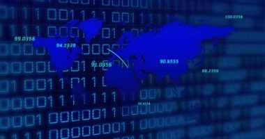 Animation of blue world map and communication network over binary data processing on blue background. Global communication, data and digital interface concept digitally generated video.