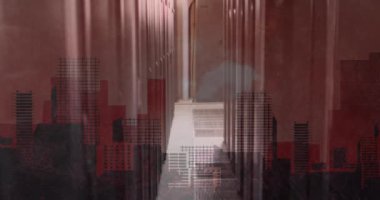 Animation of cityscape over server room. Global science, connections, data processing and digital interface concept digitally generated video.