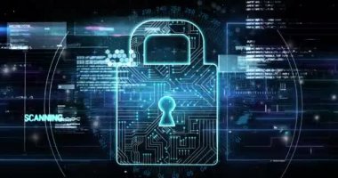 Siyah arkaplanda veri işleme ve asma kilit simgesi animasyonu. Küresel iş, bilgisayar ve dijital arayüz kavramı dijital olarak oluşturulmuş video.