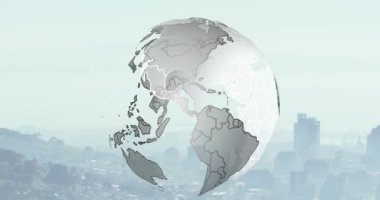 Animation of spinning globe over cityscape. Global connections, technology and digital interface concept digitally generated video.
