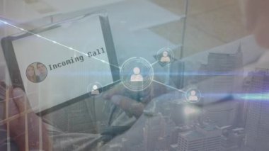 Animation of network of connections over senior caucasian man having video call on tablet. Network, connections, communication and technology concept digitally generated video.