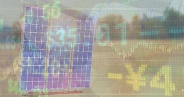 Animation of data processing and solar panels over landscape. Global environment, green energy and sustainability concept digitally generated video.
