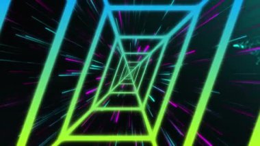 Animation of geometrical shapes over glowing purple lights on dark background. Global connections, data processing and digital interface concept digitally generated video.