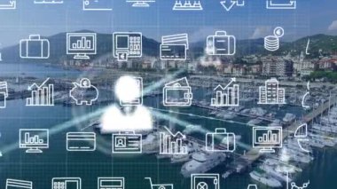 Şehir manzarası üzerine düşen ikonların animasyonu. Dijital olarak oluşturulmuş küresel bağlantılar, veri işleme ve dijital arayüz kavramı.