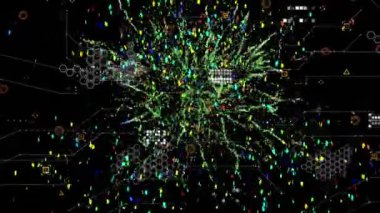 Siyah arka planda bağlantı ve kapsam ağının animasyonu. Dijital arayüz teknolojisi ve ağ konsepti dijital olarak oluşturulmuş video bağlantıları.