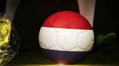 Hollanda bayrağı animasyonu ve futbolcu topa vuruyor. Küresel spor, vatanseverlik ve dijital arayüz kavramı dijital olarak üretilen video.
