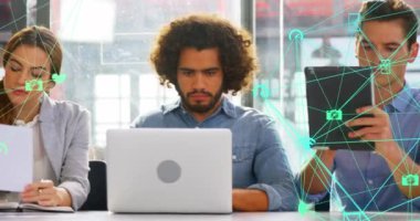 Animation of business people using laptop. Back to school and education concept.
