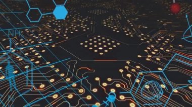 Siyah arka plandaki bilgisayar devre kartının üzerindeki kimyasal formülün animasyonu. Küresel teknoloji, bilgisayar ve dijital arayüz kavramı dijital olarak oluşturulmuş video.