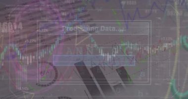 Animation of graph and data processing over charts on interface screen. Global communication, business, data and digital interface concept digitally generated video.