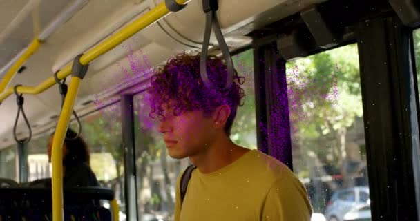 Animation Pink Nft Text Thoughtful Caucasian Man Travelling Bus Global — Vídeo de Stock