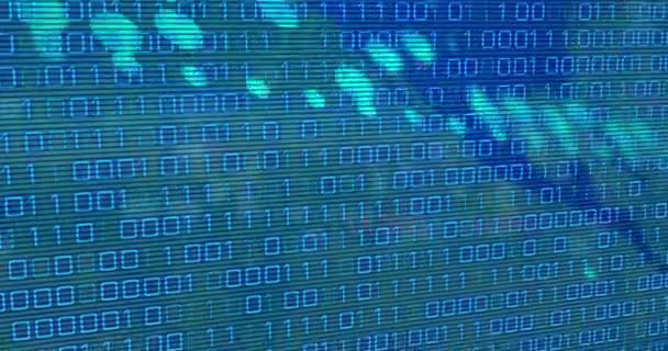 Animation of data processing and binary coding over world map on blue background. Global communication, business, data and digital interface concept digitally generated video.