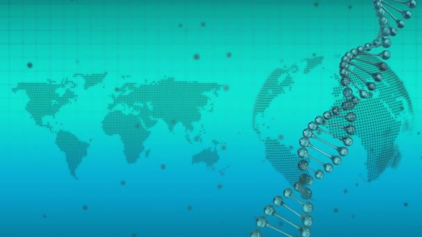 Animation Dna Globe World Map Green Blue Background Global Science — Wideo stockowe