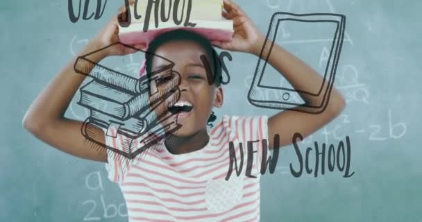 Animation Old School New School Happy Afican American Boy Books — Vídeo de Stock