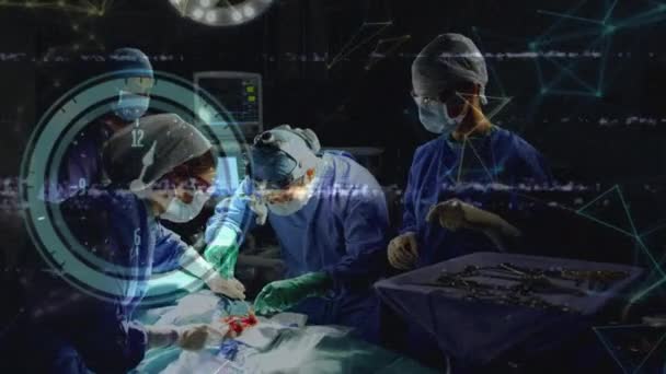 Animacja Interfejsu Cyfrowego Zegar Nad Chirurgami Sali Operacyjnej Globalna Medycyna — Wideo stockowe
