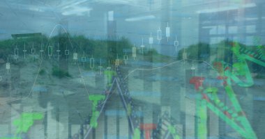 Manzara üzerinde veri işleme resmi. Küresel iş ve dijital arayüz kavramı dijital olarak oluşturulmuş görüntü.