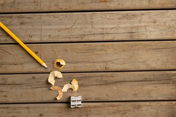 Image Pencil Sharpener Peelings Wooden Background School Equipment Tools Learning — Stockfoto