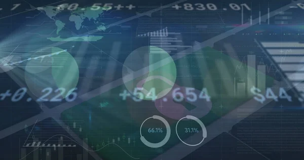 Image of financial data and graphs over navy background. Global business, finance, economy and technology concept digitally generated image.