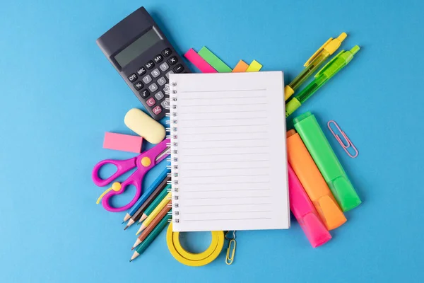 Image Various Office Supplies Pens Notebook Blue Background Education Learning — Foto Stock