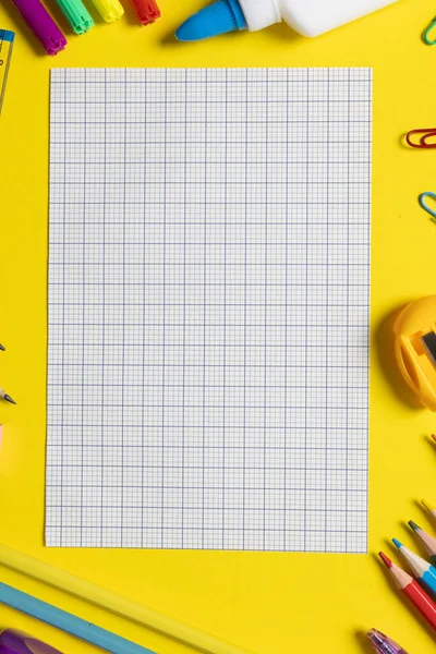Imagine Various Office Supplies Plastic Utensils Notebook Crayons Yellow Background — ストック写真