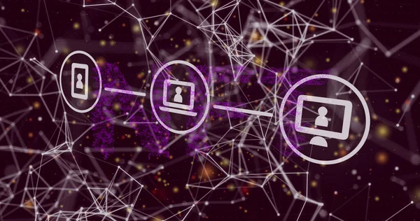 Image of shapes, connections and icons over black background. Connections, network, data processing and technology concept digitally generated image.