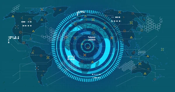 Image of processing circle over world map on green background. Global network, communication, data processing and technology concept digitally generated image.