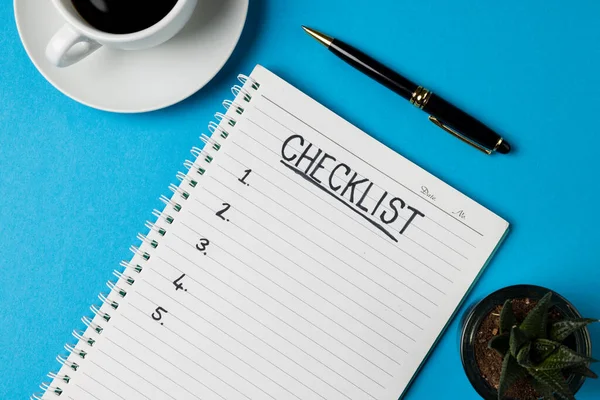 Image Notebook Checklist Copy Space Coffee Pen Blue Surface Business — Stockfoto