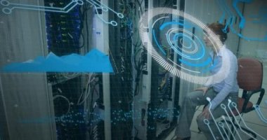 Animation of scope scanning and data processing over man wearing vr headset. Global business digital interface technology and networking concept digitally generated image.