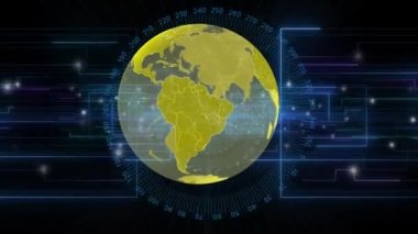 Siyah arkaplanda bağlantıları olan dünyanın animasyonu. Küresel iş, bilgisayar ve dijital arayüz kavramı dijital olarak oluşturulmuş video.