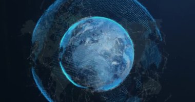 Dünya haritası ve dünya üzerindeki bağlantı ağının animasyonu. Küresel iş, bilgisayar ve dijital arayüz kavramı dijital olarak oluşturulmuş video.