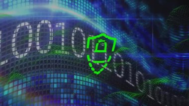 Görüntüdeki ikili kod üzerinden dijital asma kilit ve yeşil çizgilerin animasyonu. Dijital güvenlik, veri işleme, programlama, ağ ve teknoloji konsepti dijital olarak oluşturuldu.