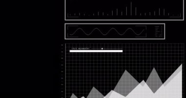 Siyah arkaplanda veri işleme animasyonu. Küresel iş, bilgisayar ve dijital arayüz kavramı dijital olarak oluşturulmuş video.