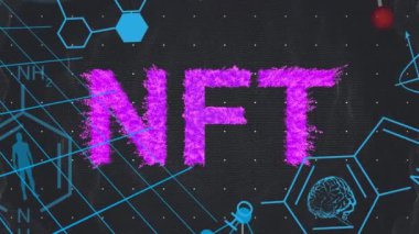 Siyah arkaplan üzerindeki nft metnin üzerindeki kimyasal formülün animasyonu. Küresel teknoloji, bilgisayar ve dijital arayüz kavramı dijital olarak oluşturulmuş video.