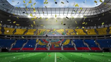 Spor stadyumunun üzerine Kolombiya bayrağı düşen konfeti animasyonu. Spor, rekabet ve dijital olarak üretilen video konsepti.