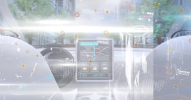 Arabanın içinde veri işleme animasyonu. Küresel iş, finans, bağlantılar, teknoloji, veri işleme ve dijital video arayüzü kavramı.