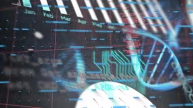 Siyah arka planda finansal grafiklerin, verilerin ve DNA 'nın animasyonu. Suç, kanıt arama, soruşturma ve veri işleme kavramı dijital olarak oluşturulmuş video.