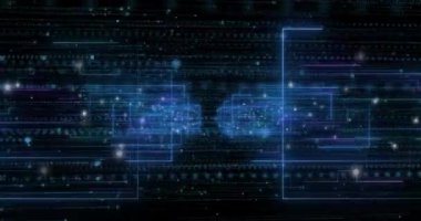 Siyah arkaplan üzerinden veri işleme ve bağlantı ağının animasyonu. Dijital olarak oluşturulmuş küresel bağlantılar, teknoloji ve dijital arayüz kavramı.