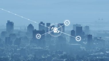 Şehir manzarası üzerindeki bağlantı ağının animasyonu. Küresel iş, bilgisayar ve dijital arayüz kavramı dijital olarak oluşturulmuş video.