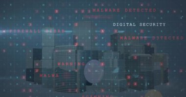 Şehir manzarası üzerinde veri işleme animasyonu. küresel bilim, bağlantılar, veri işleme ve dijital arayüz kavramı dijital olarak oluşturulmuş video.