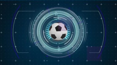 Veri işleme üzerinde futbolun animasyonu. Küresel spor, vatanseverlik ve dijital arayüz kavramı dijital olarak üretilen video.