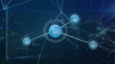 Animation of network of connections over navy digital space. Global network, connections and digital interface concept digitally generated video.